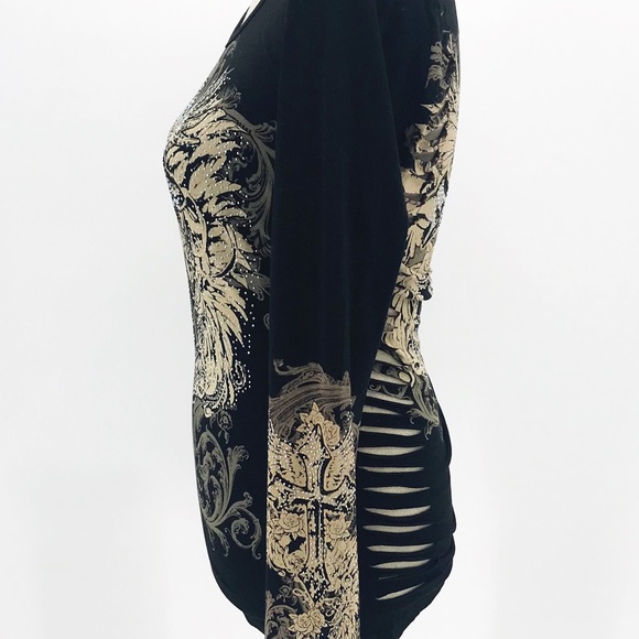 Rhinestone embellished cross w/ wings, long sleeve, slashed peekaboo back Harley - Picture 3 of 7